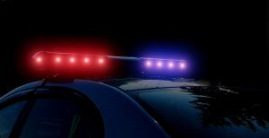 Police Patrol On The Street At Night. Flashing Red And Blue Poli