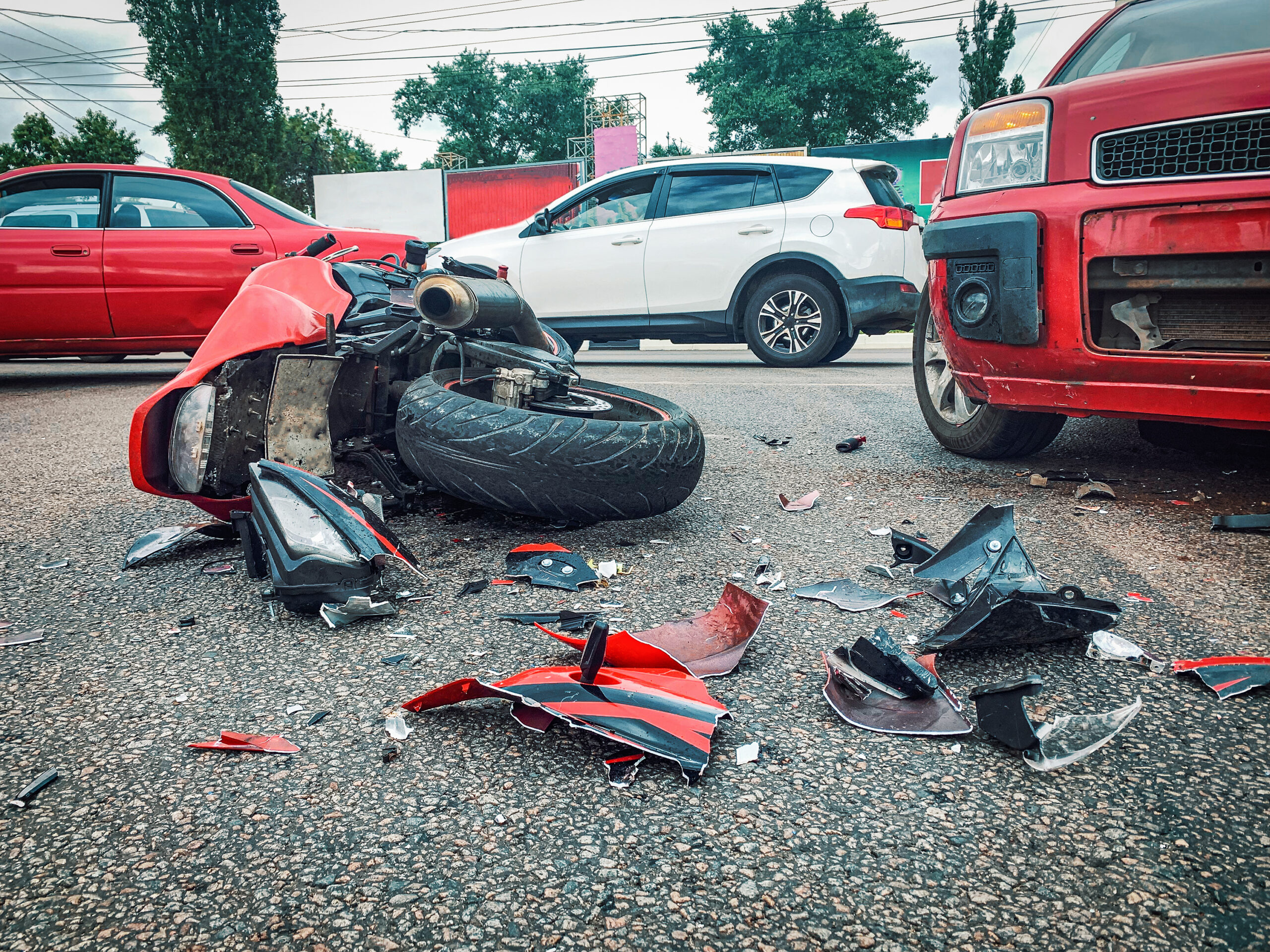 Motorcycle Bike Accident And Car Crash, Broken And Wrecked Motorcycle