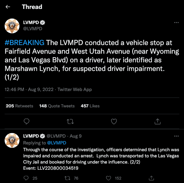 Tweet from LVMPD announcing the dui arrest of marshawn lynch