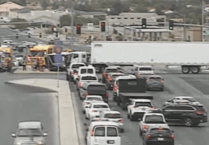 Traffic camera shows semi truck that was struck by an ambulance in Las Vegas