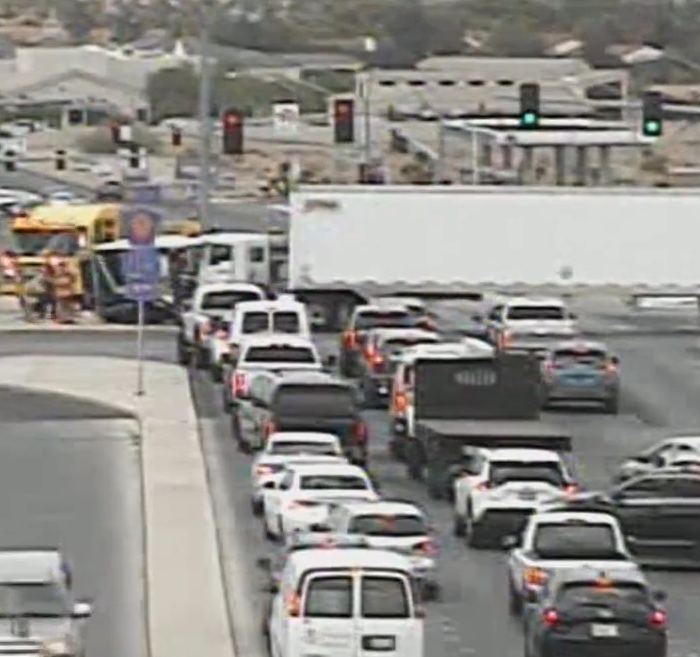 Traffic camera shows semi truck that was struck by an ambulance in Las Vegas
