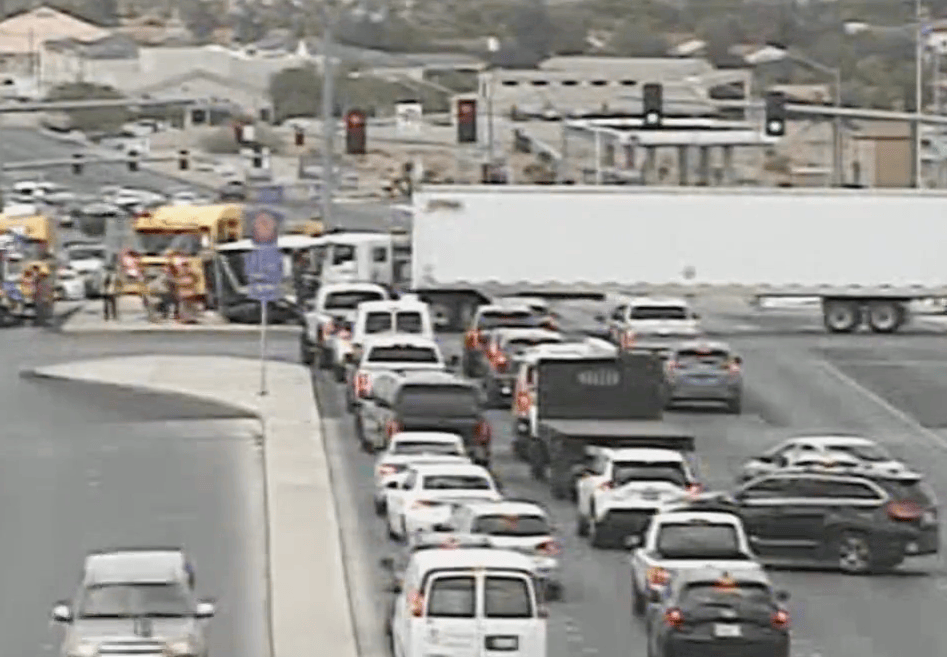 Traffic camera shows semi truck that was struck by an ambulance in Las Vegas